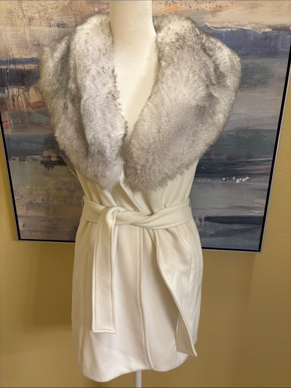 White House Black Market Cream Wrap Vest with Gray Faux Fur Collar